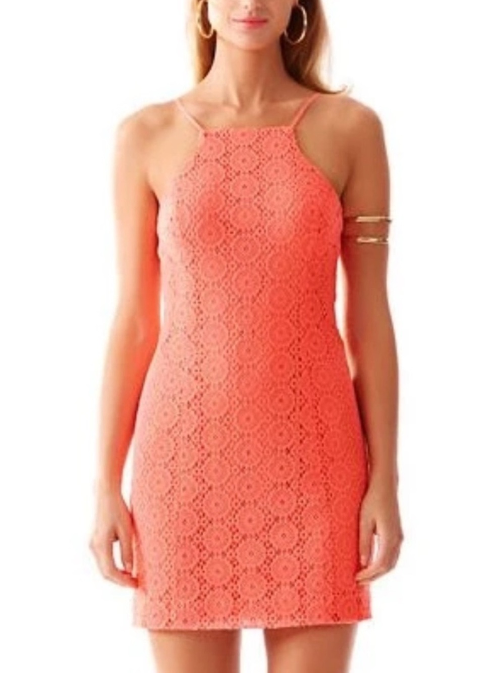Lilly Pulitzer Costello Pucker Pink Neon Coral Lace Halter Sheath Dress L Large